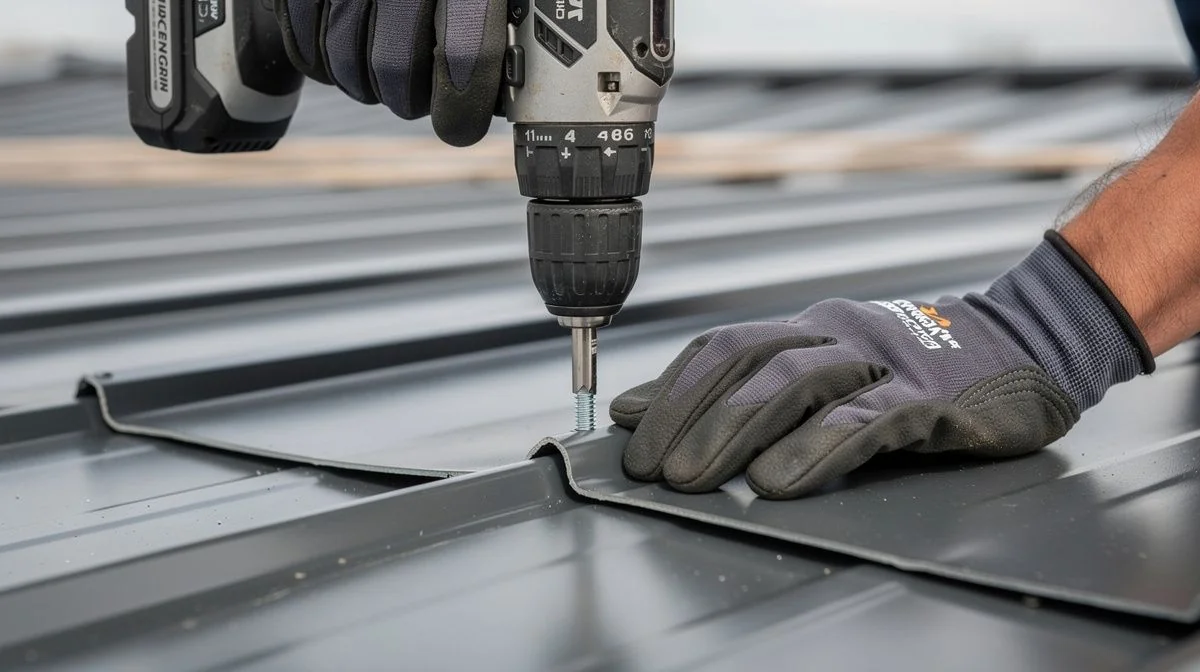 Close-up of a roofer securing a profiled metal roofing sheet with a cordless drill