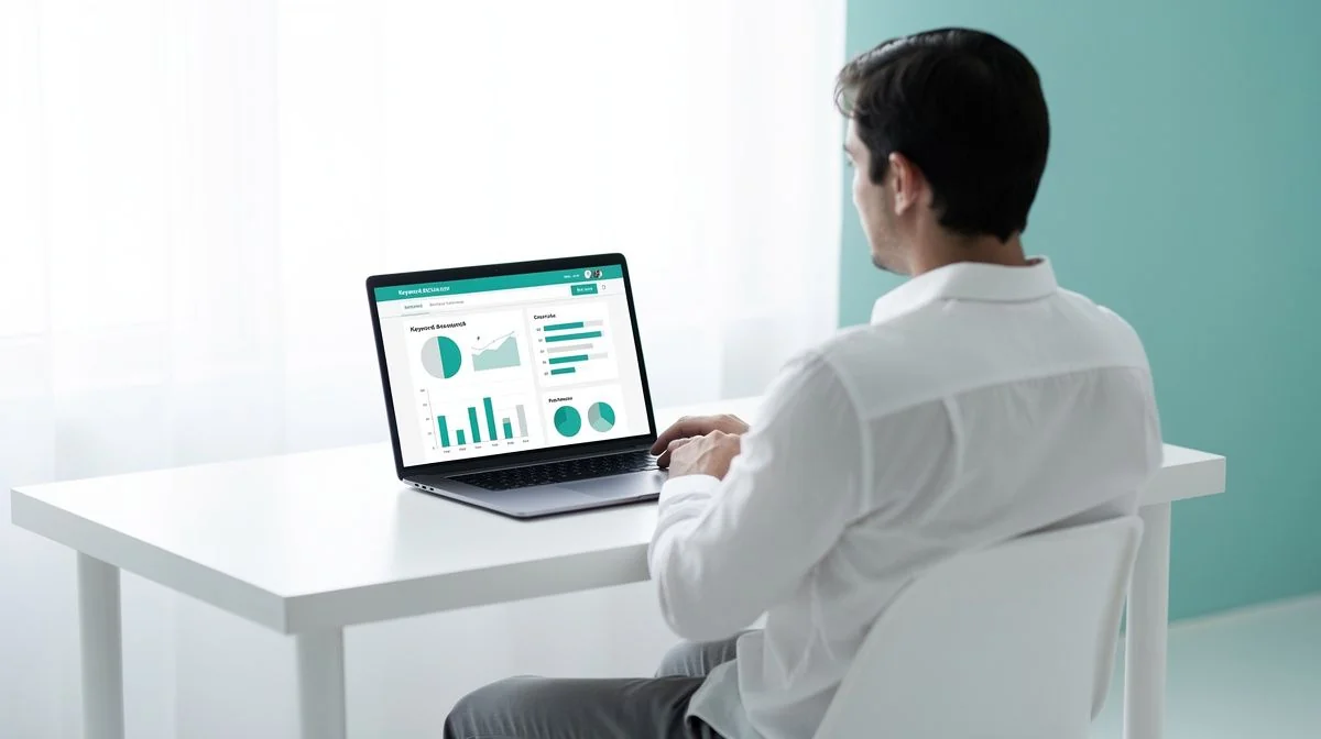 An SEO analyst reviewing a laptop screen showing a keyword research dashboard with charts