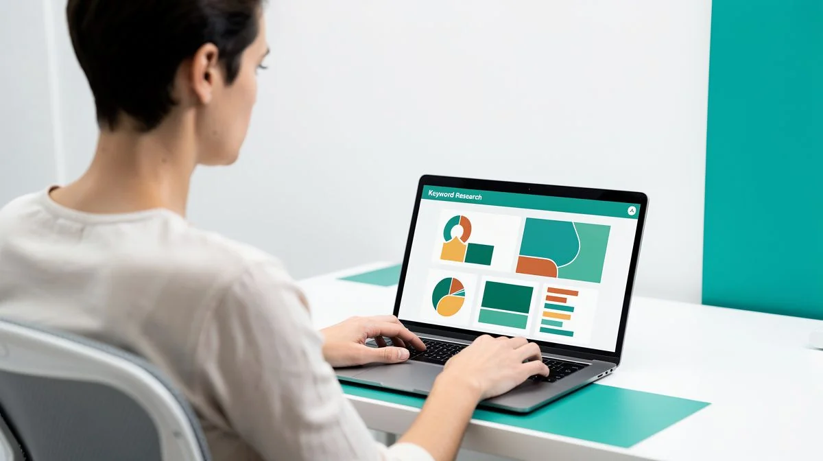 An SEO analyst reviewing a laptop screen showing a keyword research dashboard with charts