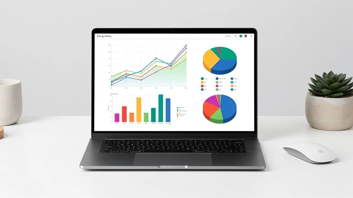 A laptop displaying a website analytics report with upward trending graphs and charts on a desk