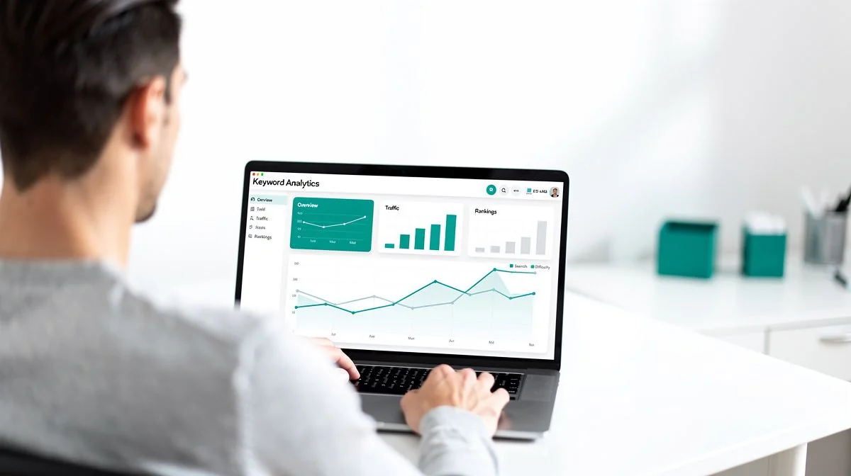 An SEO analyst reviewing a laptop screen showing a keyword research dashboard with charts