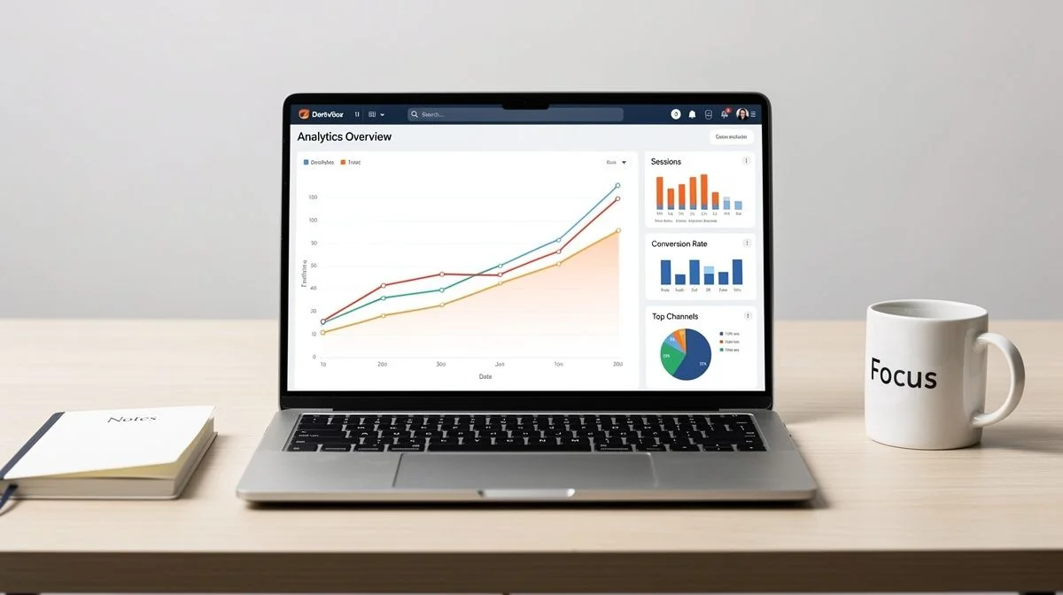 A laptop displaying a website analytics report with upward trending graphs and charts on a desk