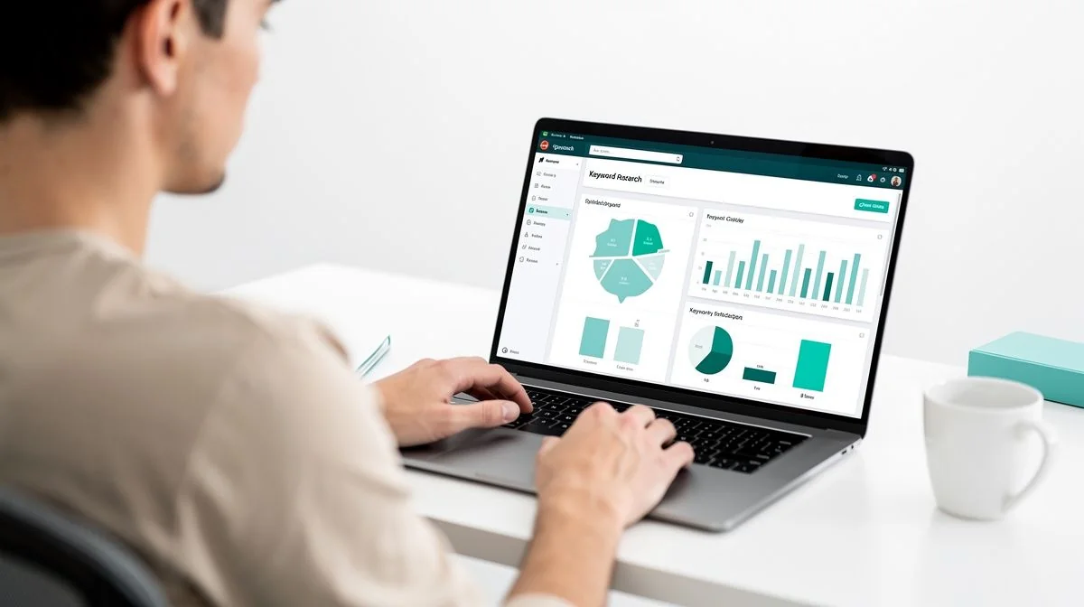 An SEO analyst reviewing a laptop screen showing a keyword research dashboard with charts
