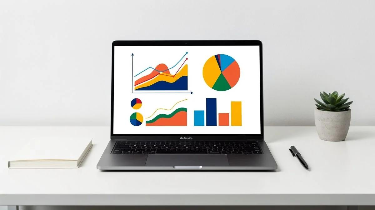 A laptop displaying a website analytics report with upward trending graphs and charts on a desk