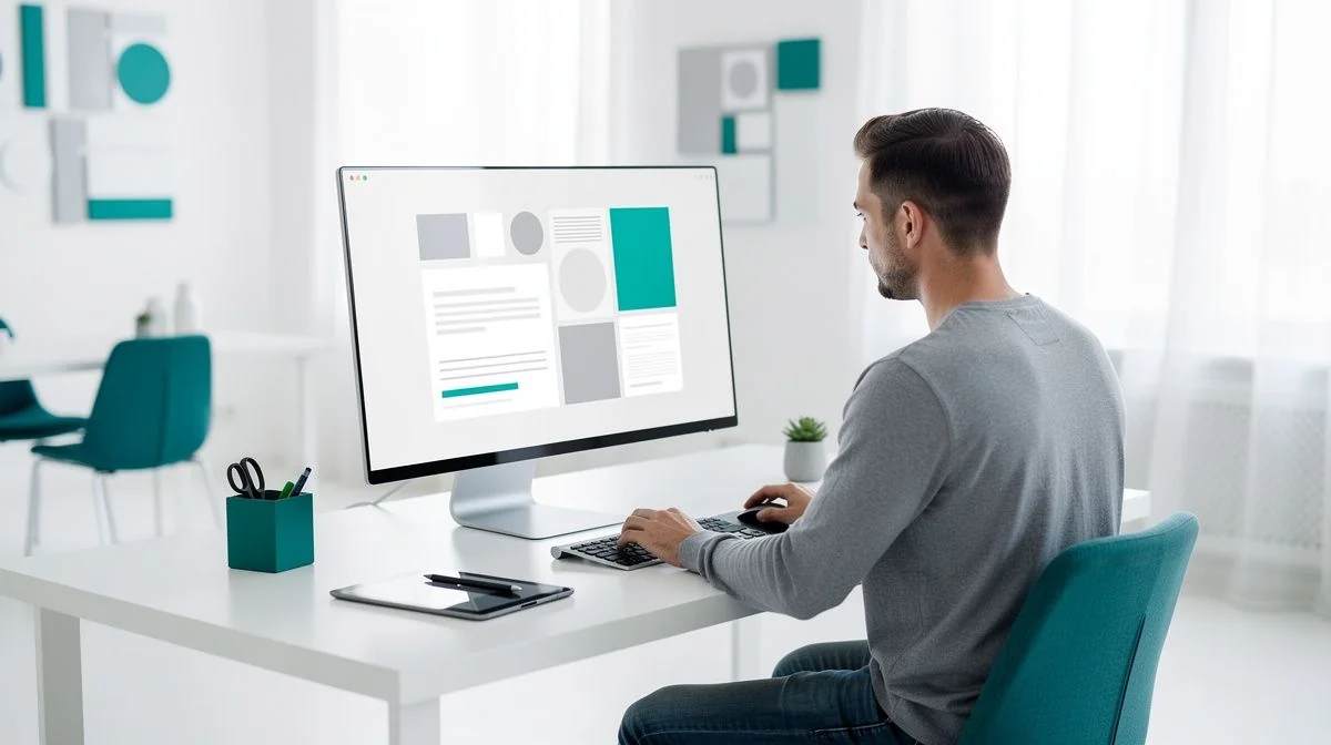 A web designer working on a website layout on a large monitor in a bright modern studio