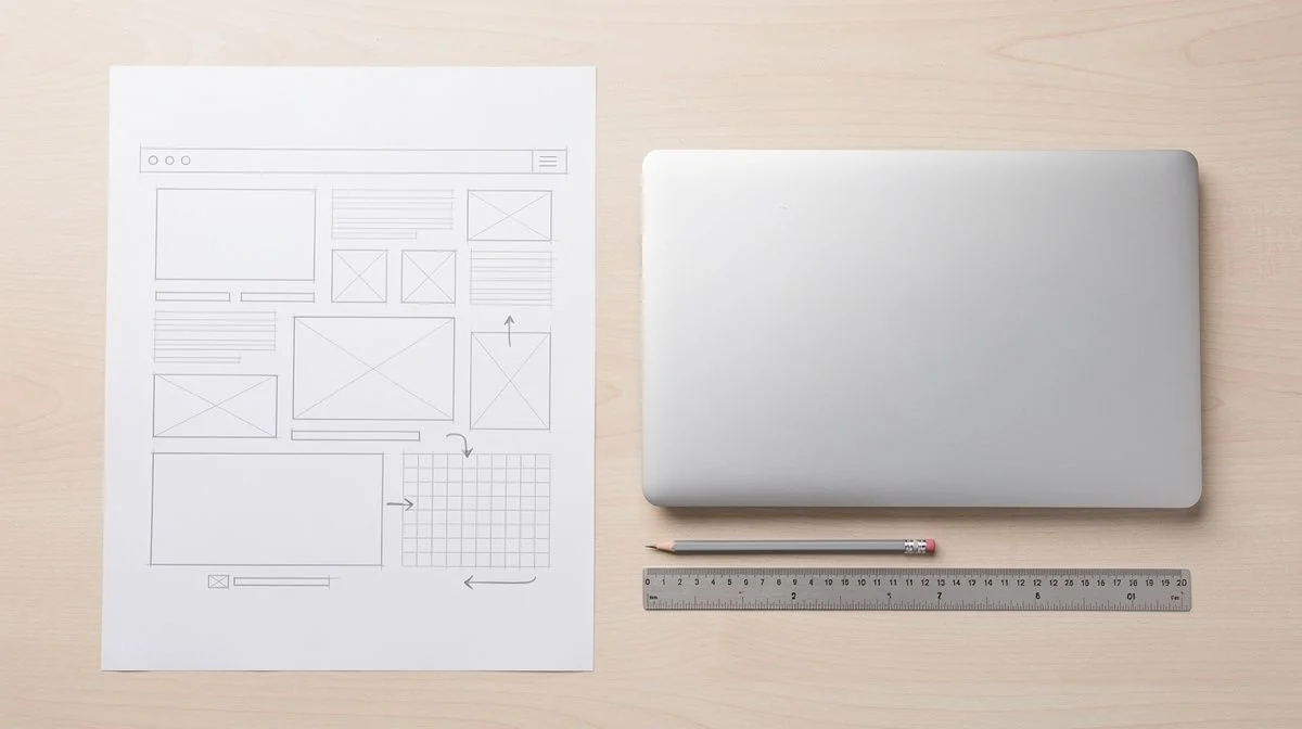 A clean website wireframe sketch with layout boxes and annotations on a desk beside a laptop