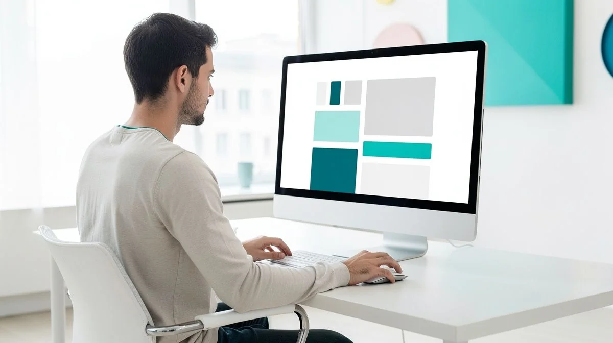 A web designer working on a website layout on a large monitor in a bright modern studio