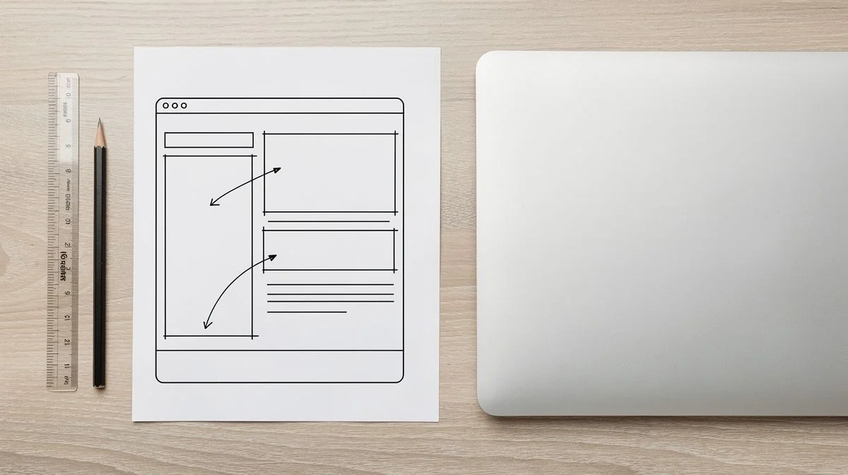 A clean website wireframe sketch with layout boxes and annotations on a desk beside a laptop