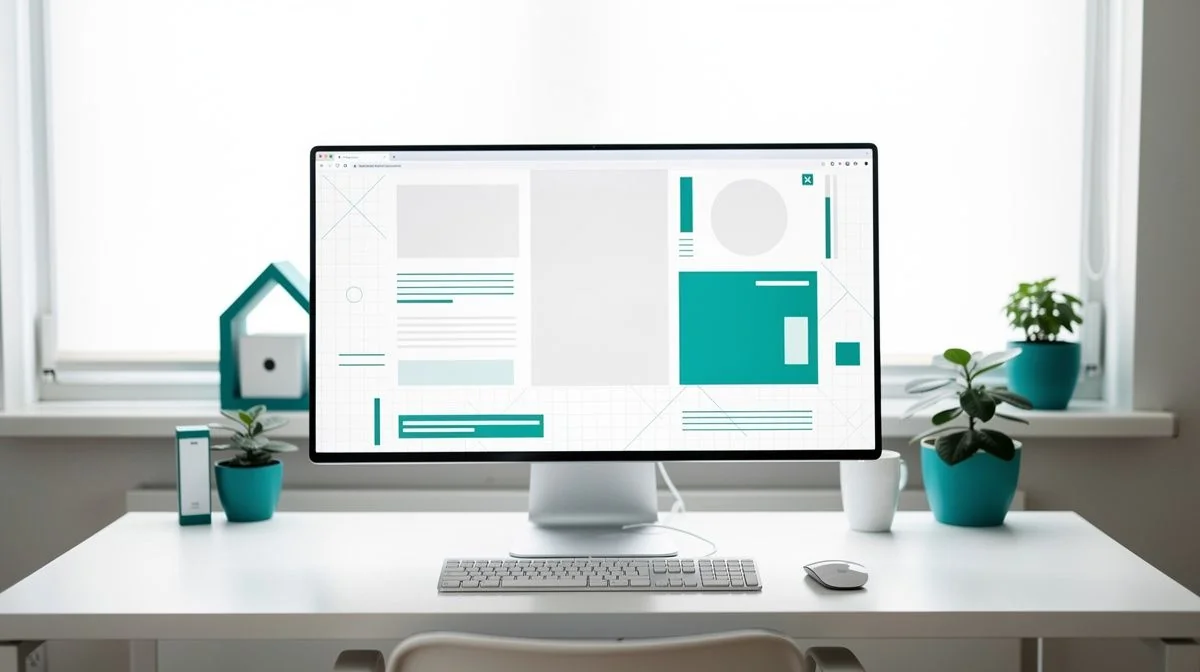 A web designer working on a website layout on a large monitor in a bright modern studio