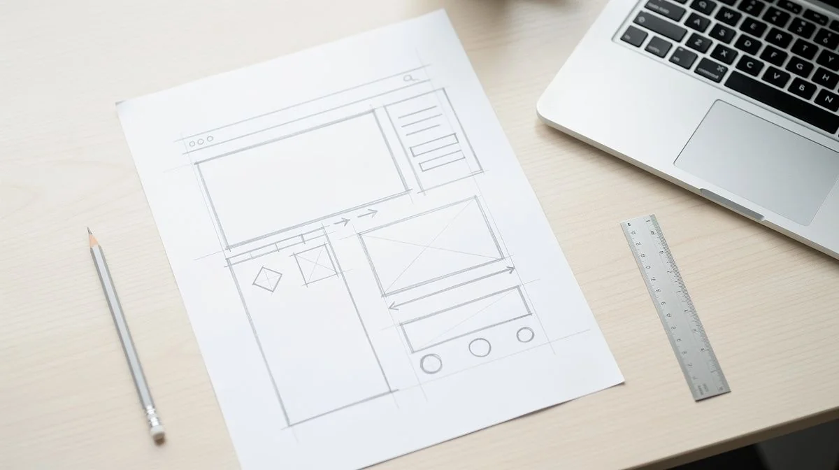 A clean website wireframe sketch with layout boxes and annotations on a desk beside a laptop