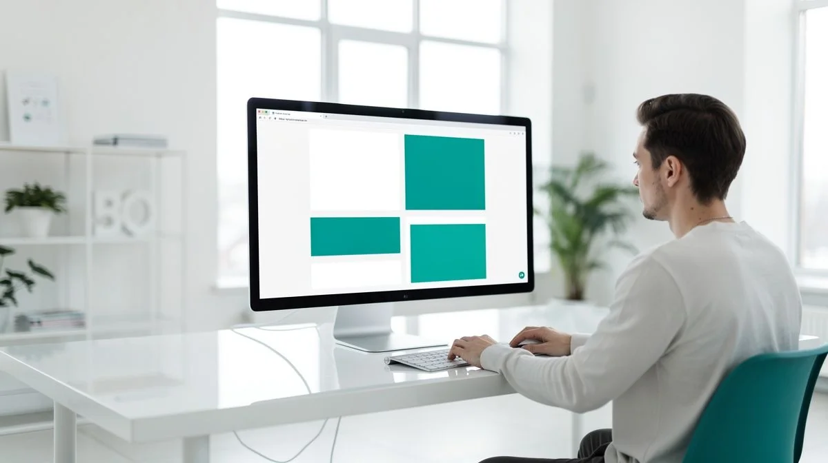 A web designer working on a website layout on a large monitor in a bright modern studio