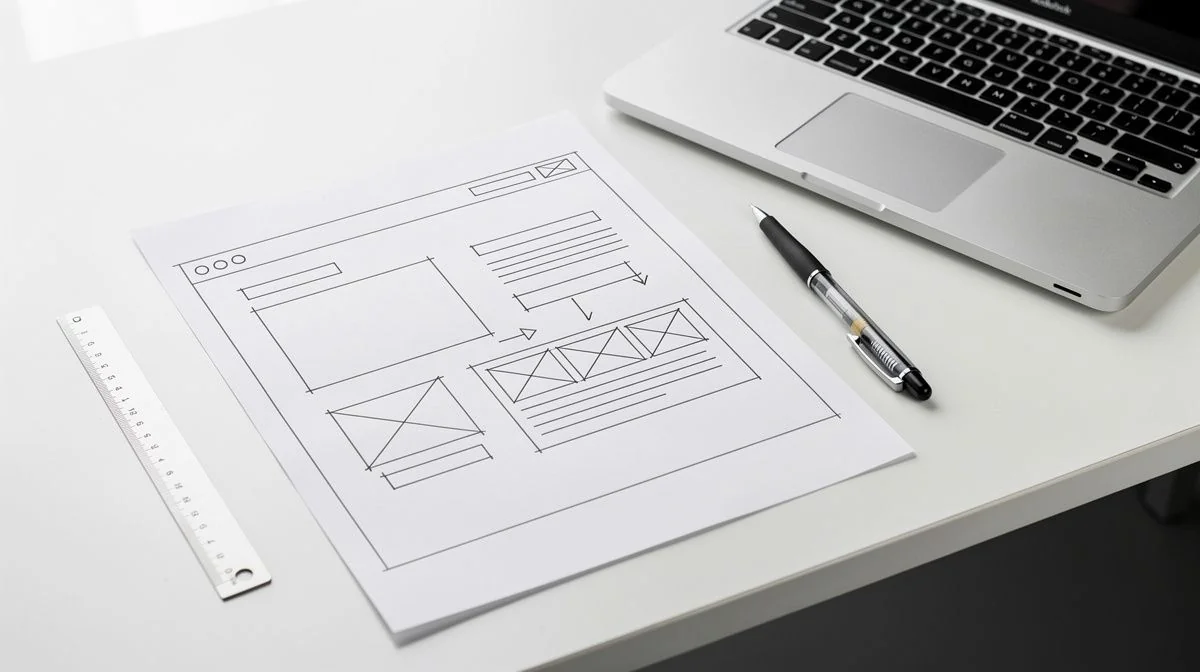 A clean website wireframe sketch with layout boxes and annotations on a desk beside a laptop