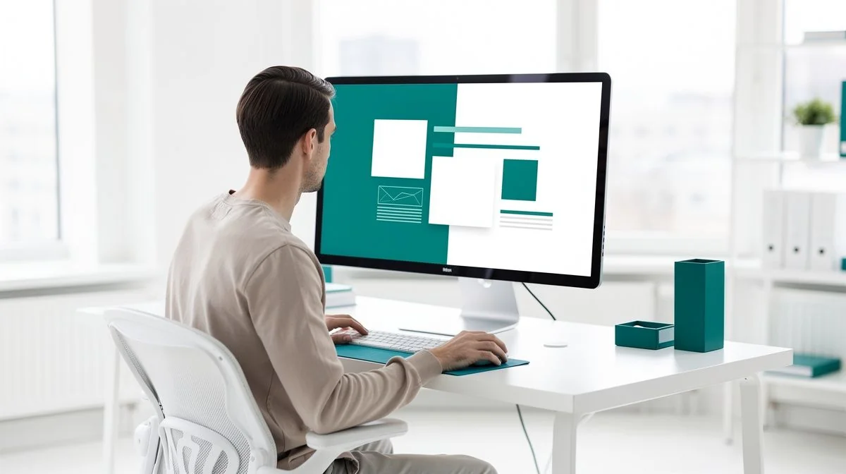 A web designer working on a website layout on a large monitor in a bright modern studio