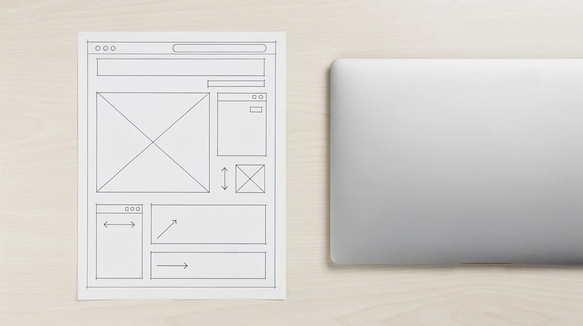 A clean website wireframe sketch with layout boxes and annotations on a desk beside a laptop