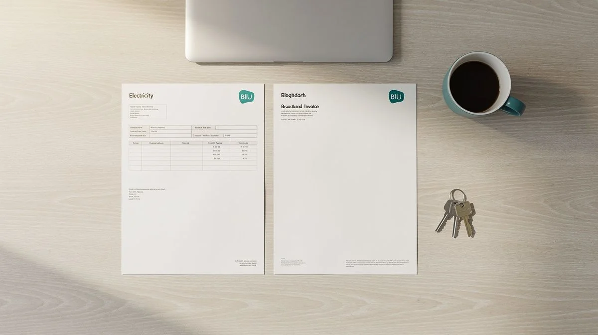 Two household bills and a laptop on a timber kitchen bench