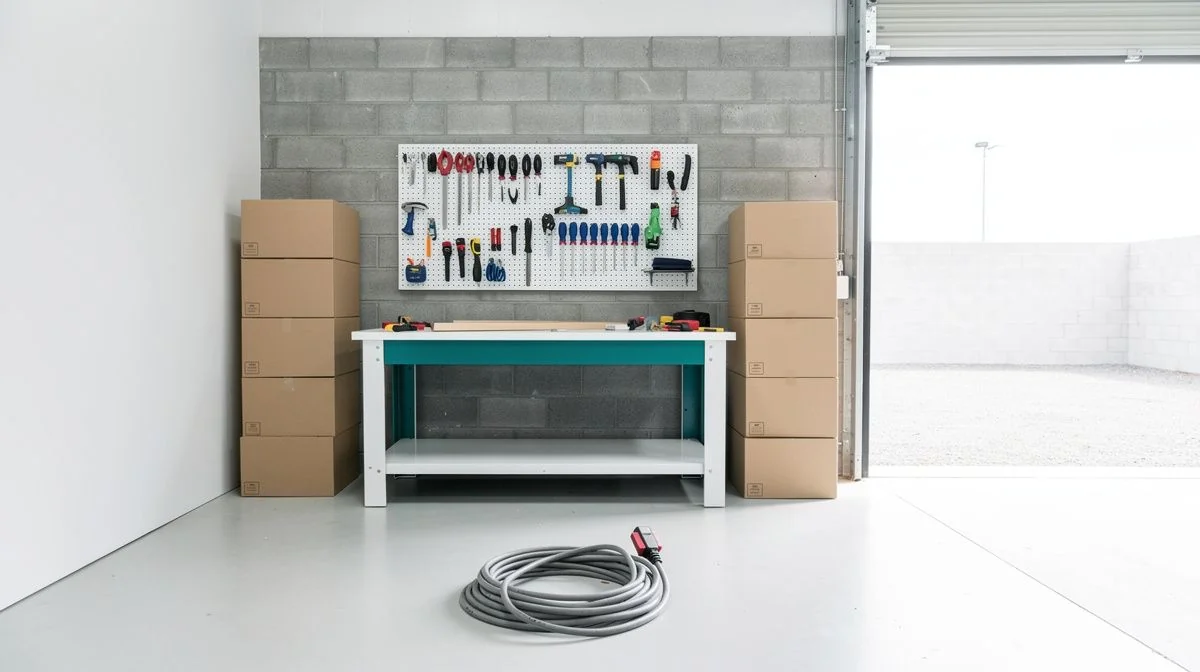 Small workshop with workbench, pegboard tools and stacked stock boxes