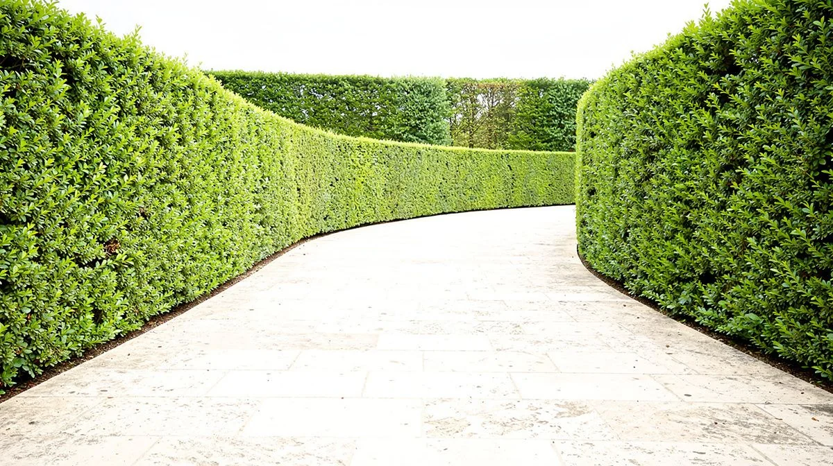 A pale stone garden path curving between clipped hedges