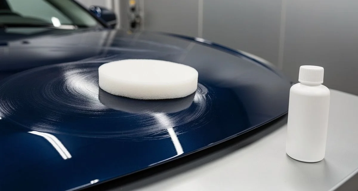 Foam applicator polishing a car bonnet beside a bottle of ceramic coating