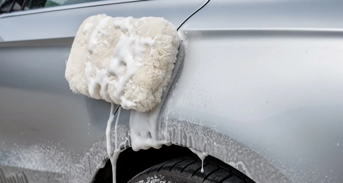 Lambswool wash mitt cleaning soapy paint on a car rear quarter panel