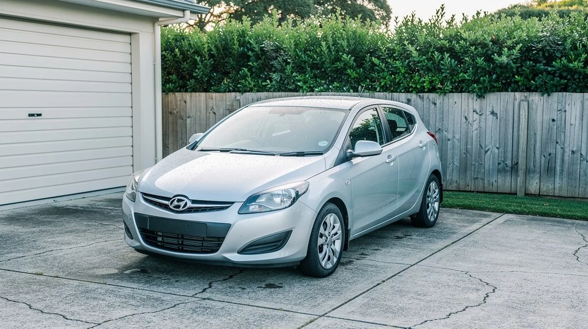 Silver hatchback parked in a driveway beside a weatherboard garage