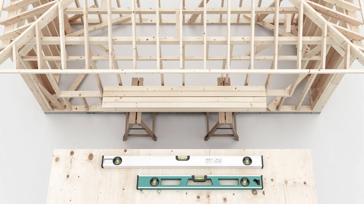 Timber house framing under construction with pine boards on sawhorses and a level