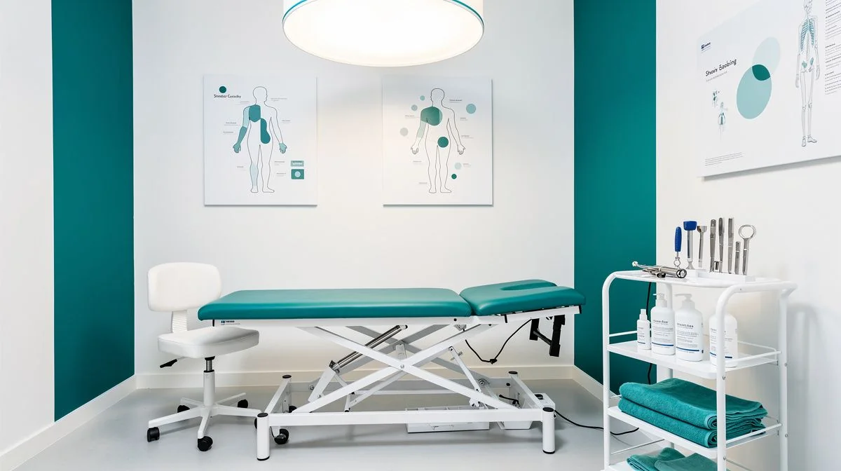 A chiropractor working on a patient's shoulder while the patient lies face down on a treatment table in a Christchurch clinic
