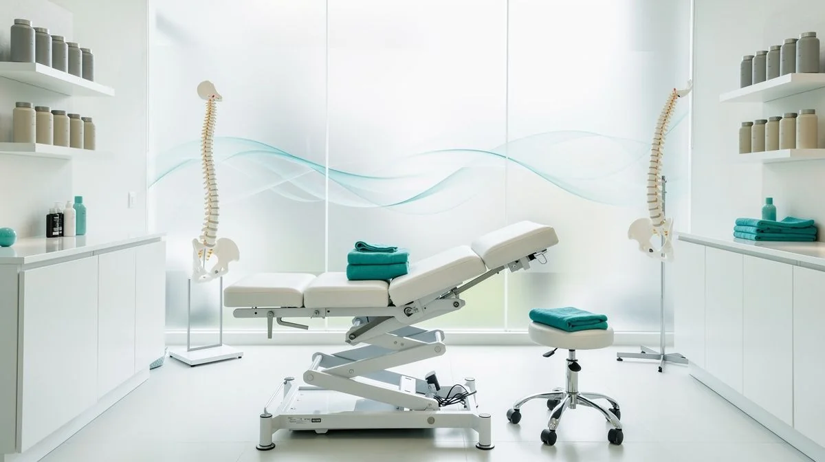 A chiropractor treating a patient's lower back in a treatment room with a view of Dunedin's hills through the window