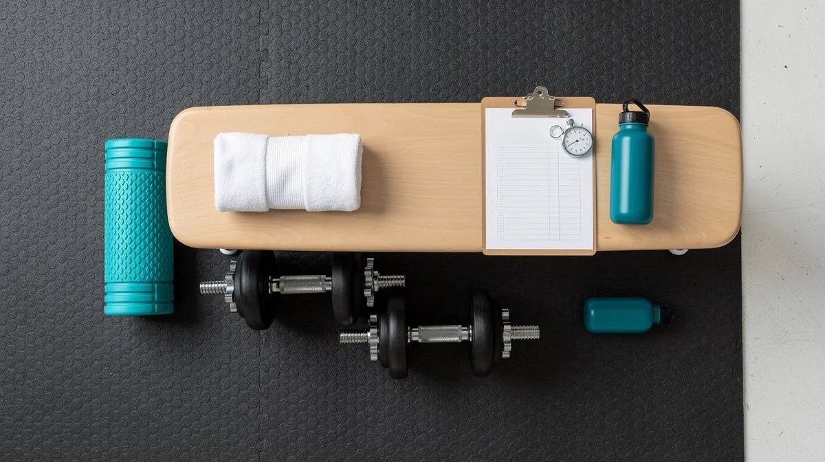 Home garage gym corner with dumbbells, foam roller and a session clipboard on a bench