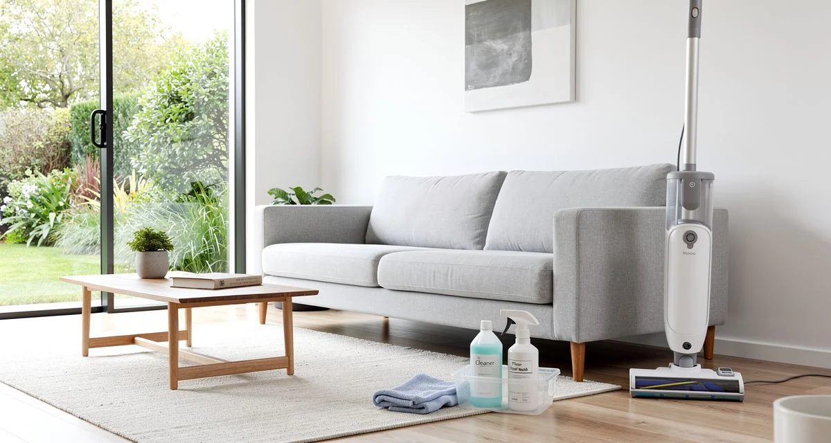Vacuum cleaner and a caddy of cleaning supplies in a tidy Upper Hutt living room