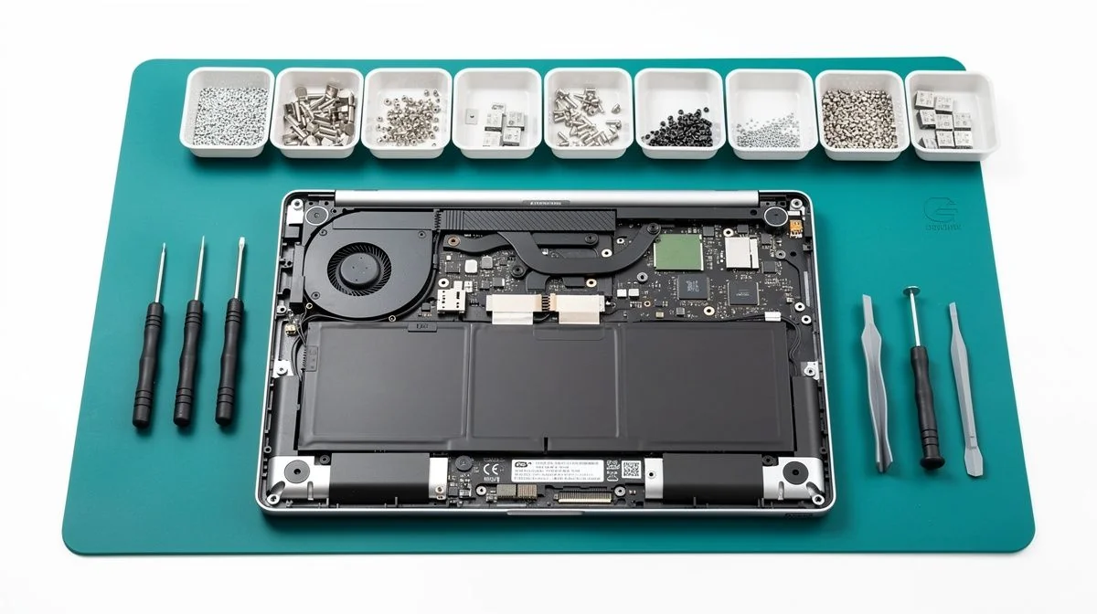 A laptop with its back panel removed on a repair bench lined with small parts trays and an anti-static mat