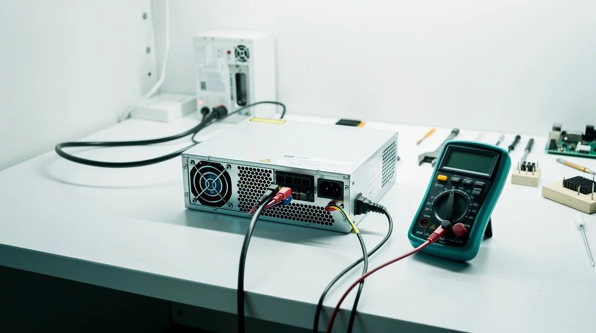 A desktop power supply being tested with a multimeter on a workbench in a small workshop