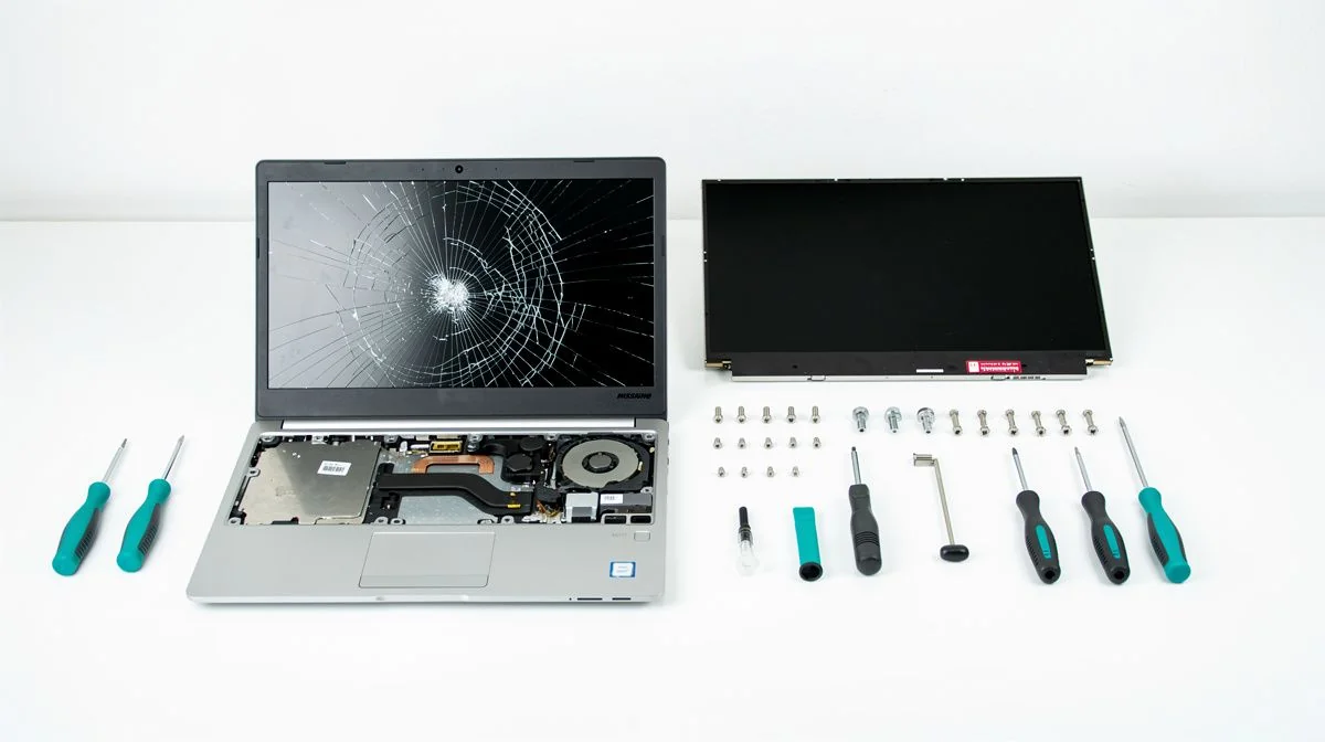 Student laptop with a cracked screen being dismantled on a bench beside a replacement display panel.