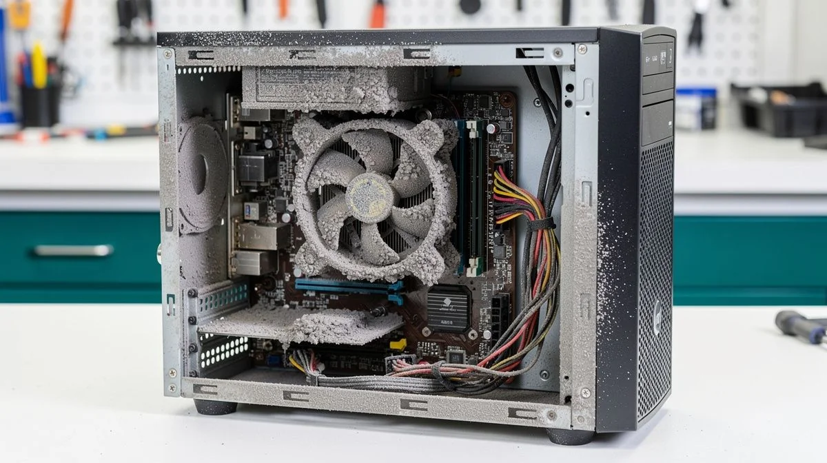 Dusty desktop tower opened on a workshop bench showing a clogged cooling fan and heatsink.