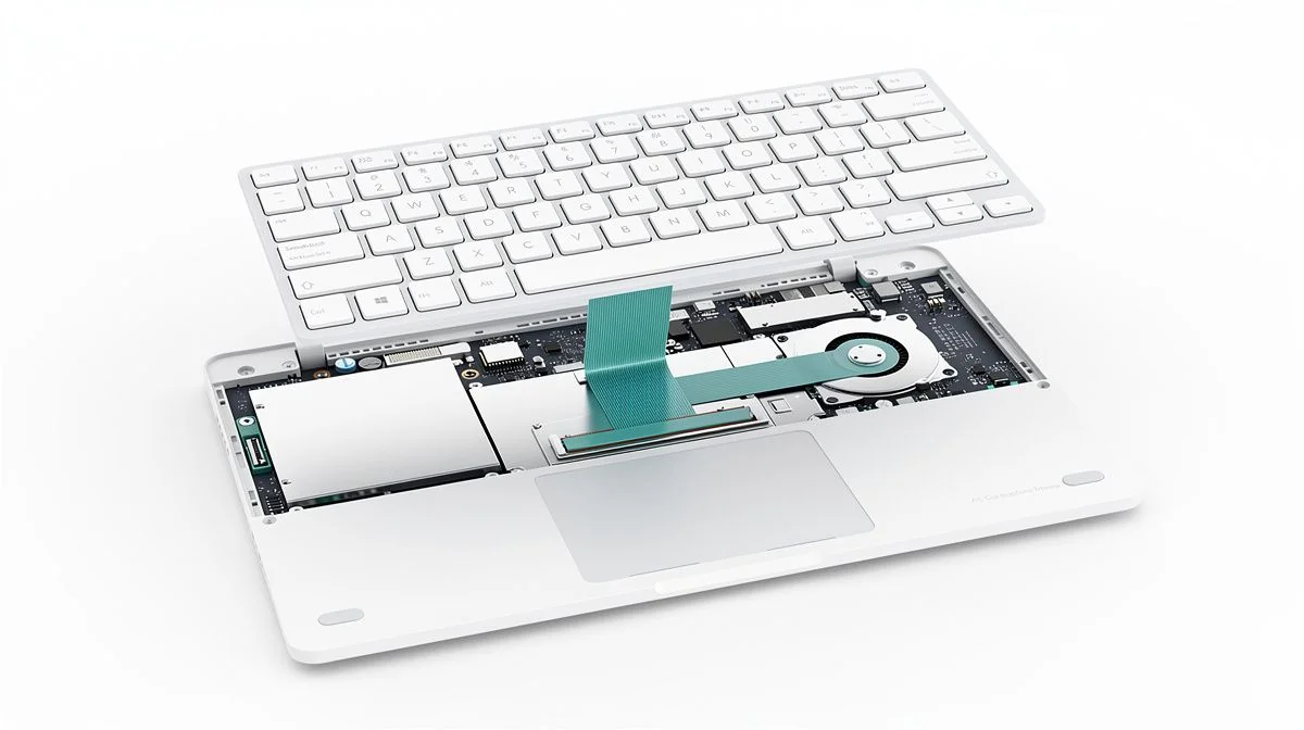 Laptop keyboard being lifted away to expose the ribbon cable and internal components underneath.