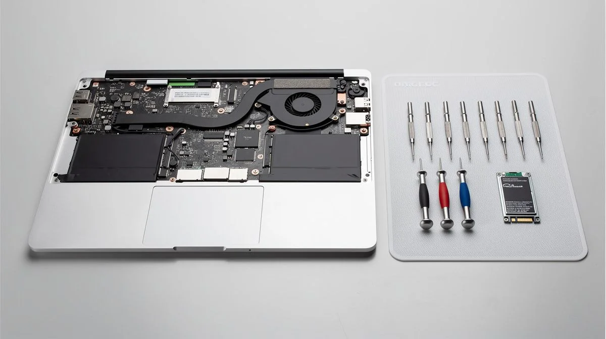 Laptop opened on a repair bench with precision tools, an SSD and an anti-static mat laid out beside it