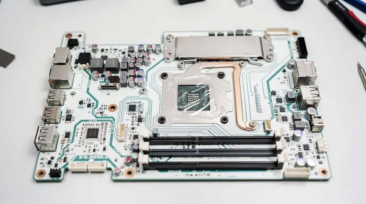 Close-up of a laptop motherboard on a workbench with its heat sink and cooling fan removed for cleaning.