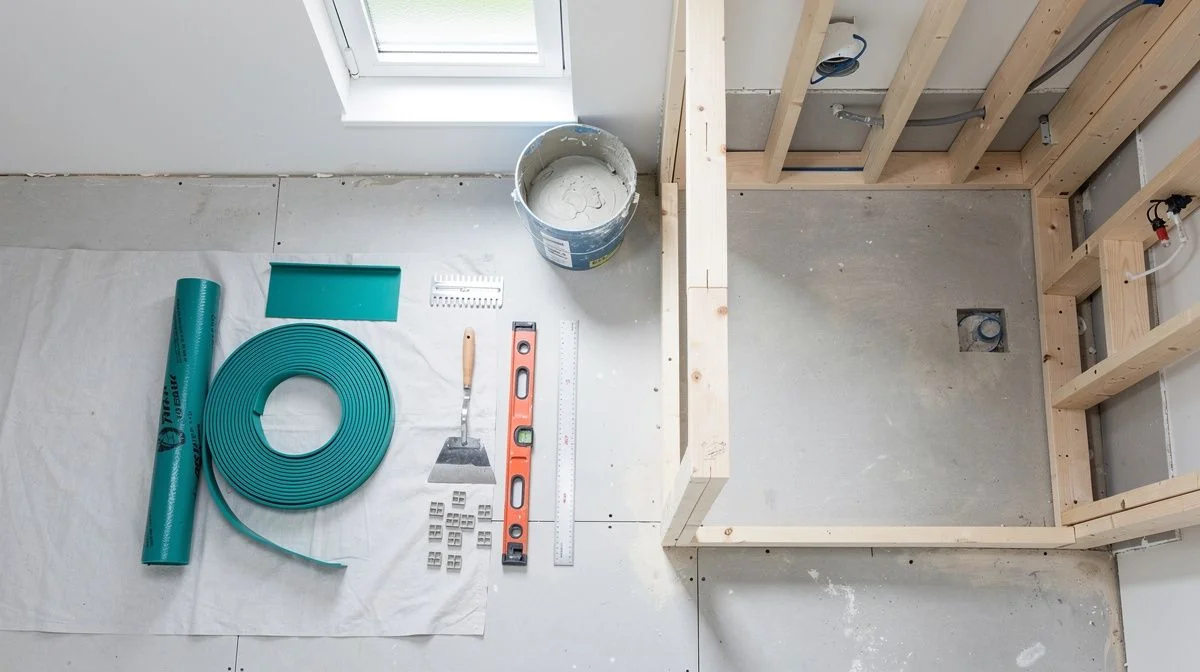 Bathroom renovation in progress with exposed framing and waterproofing materials on the floor