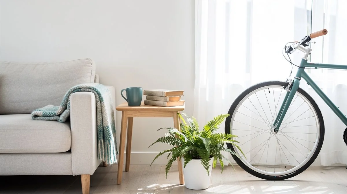 A sunlit living room with a sofa, books and a bicycle leaning by the window
