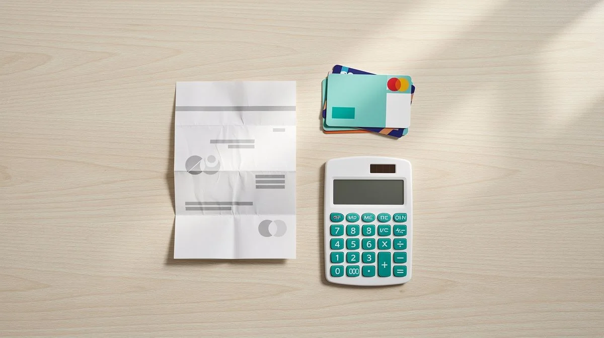 Payment cards, a paper statement and a calculator on a wooden desk