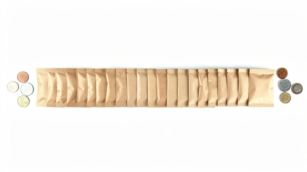 Row of small brown paper packets with loose coins on a white surface