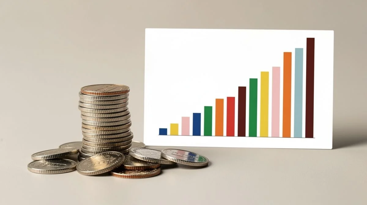 A stack of coins beside a declining bar chart