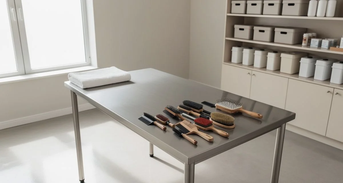 Grooming brushes and a folded towel on a steel table in an Auckland dog grooming salon
