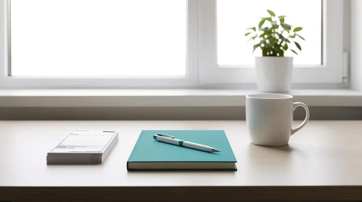 Desk with deposit slips, notebook and mug in morning light