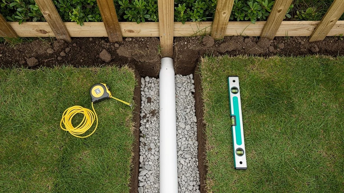 Open trench in a garden with new drainage pipe laid on gravel bedding