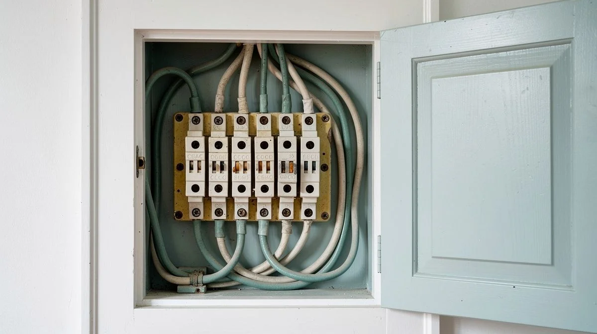 An old porcelain fuse board with ceramic fuse carriers and aged fabric-insulated cables inside a villa hallway cupboard