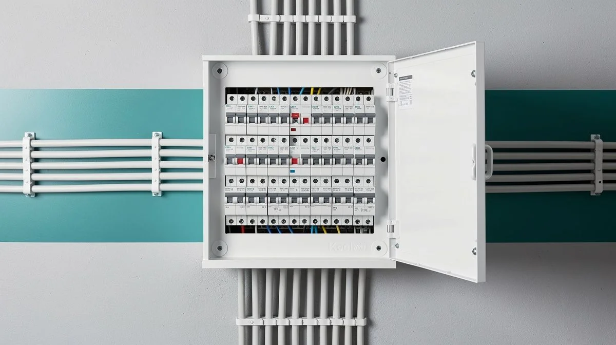 A tidy modern switchboard with labelled circuit breakers and RCDs mounted on a garage wall beside neatly clipped cable runs