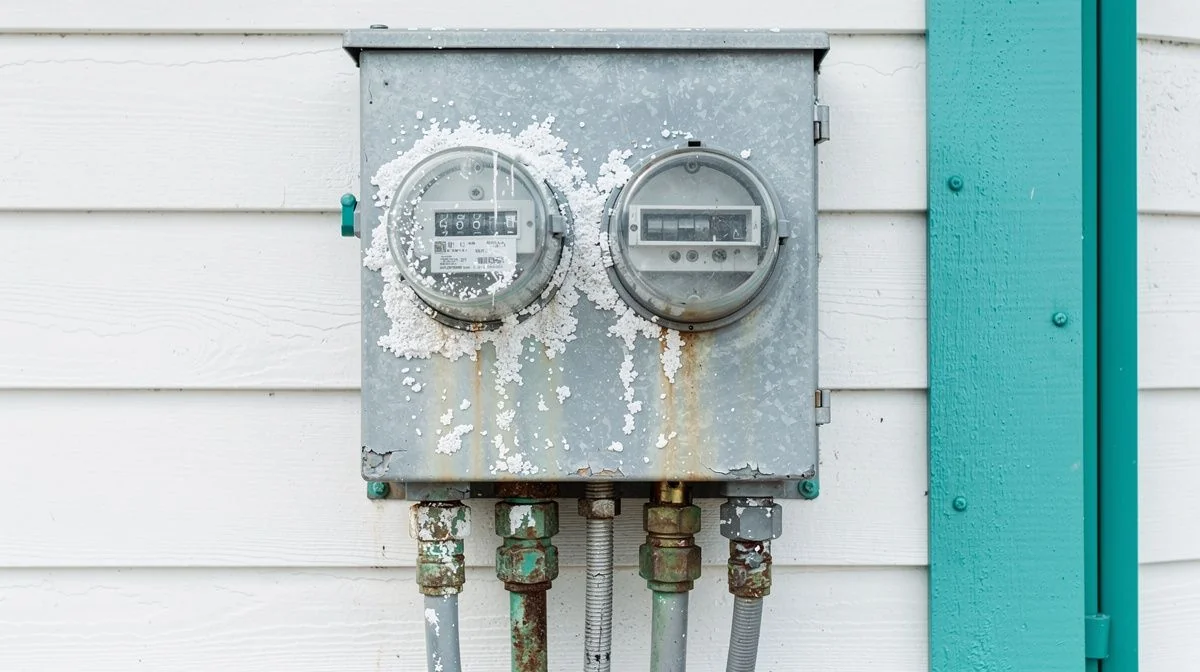 A weathered outdoor meter box and switchboard on a coastal home, with corroded cable entries and salt-bloomed metalwork