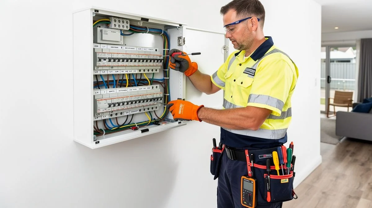 Christchurch electrician working on a switchboard in a recently rebuilt home