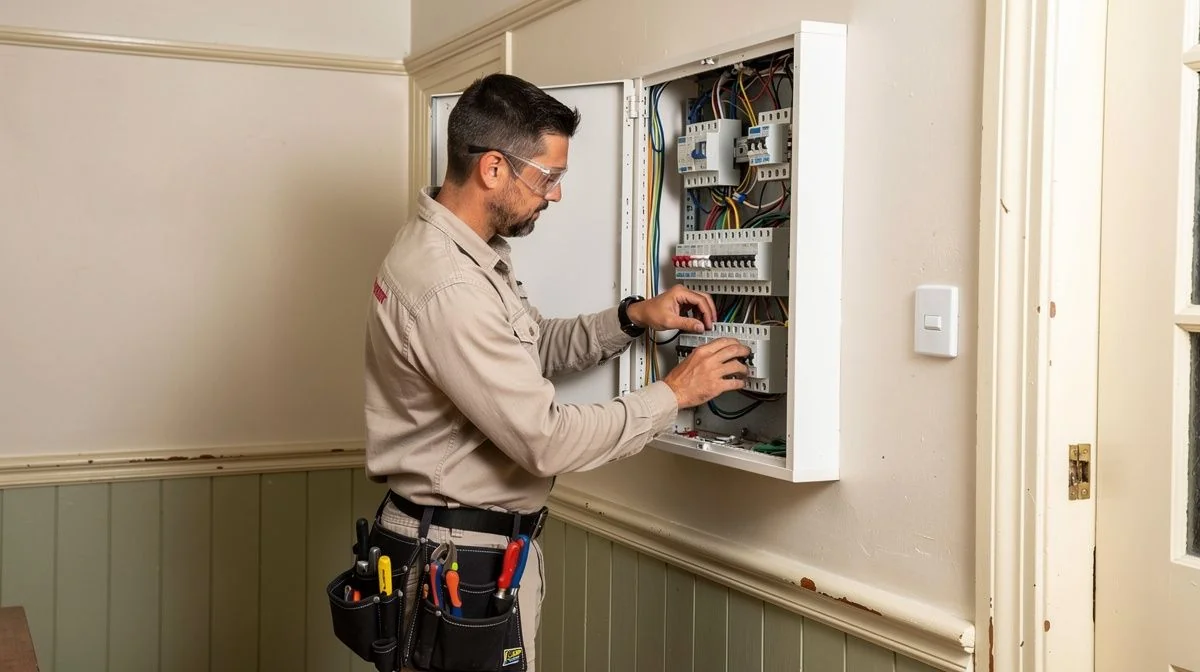 Wellington electrician working on a switchboard in an older home