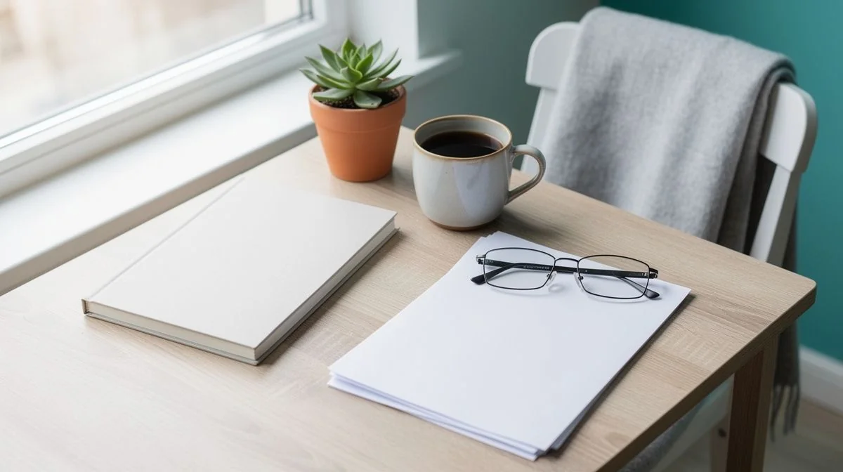 Desk by a window with notebook, coffee mug, folded glasses and a small succulent